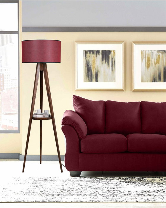 Opviq Lámpara de Pie con Trípode de Madera y Estante, Pantalla de Tela Rojo Burdeos Opviq Lámpara de Pie con Trípode de Madera y Estante, Pantalla de Tela Rojo Burdeos